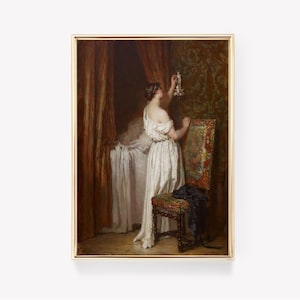 May include: A painting of a woman in a white dress standing in a room with a chair and a bed. The woman is holding a piece of fabric in her hand and looking at it. The room is decorated with a patterned wallpaper and a curtain.