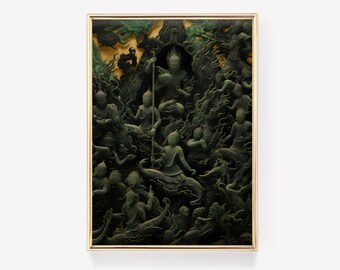May include: A framed artwork depicting a green and gold relief sculpture of multiple figures in a swirling, chaotic pattern. The figures are all in a similar pose, with their arms raised and their hands clasped together. The artwork is set against a dark background.