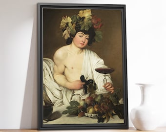 Tela emoldurada premium | Decoração de parede barroca | Tela barroca | Caravaggio - Baco | Pintura vintage | Arte em tela para parede | Decoração para casa