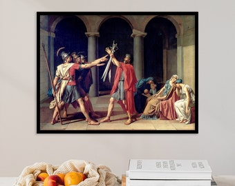 May include: A painting depicting a scene from Roman history.  The painting features a group of men in Roman garb, one of whom is holding a sword.  The men are standing in a courtyard, and there are women in the background.  The painting is done in a classical style, with muted colors and a focus on realism.