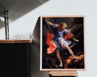 Guido Reni - Archangel Michael Tramples Satan (1635) - Classic Painting Photo Poster Print Art Gift Home - Bible Christian Fight Defeats