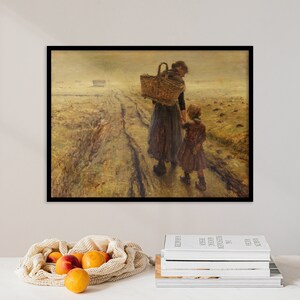 May include: A painting of a woman and a child walking down a dirt road. The woman is carrying a basket on her back and the child is holding her hand. The painting is done in a realistic style and the colors are muted.
