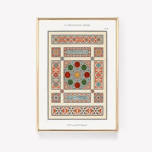 May include: A vintage illustration of a geometric pattern in red, green, yellow, and blue colors. The title "La Décoration Arabe" and the text "XIIIe au XVIIIe siècle" are visible at the top and bottom of the image.