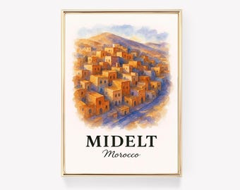 Midelt Marokko reisposter, vintage muurkunst, Midelt canvasprint, Marokkaans decor, cadeau Atlasgebergte