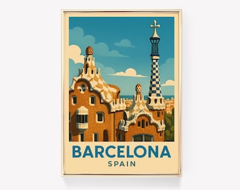 Reisposter Barcelona, muurkunst Spanje, vintage print, decor Barcelona, cadeau Spanje