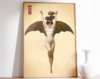 Vintage Japanese Bat Print | Bat Woman Print | Bat Woman Poster | Japanese Bat Print | Ukiyo-e Art Print | Asian Art | Oriental Decor