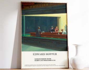 Edward Hopper Exhibition Poster, Office Wall Art, Nighthawks Print, American Realism Wall Decor, Retro Bar Gift, Lightlife Cafe Painting