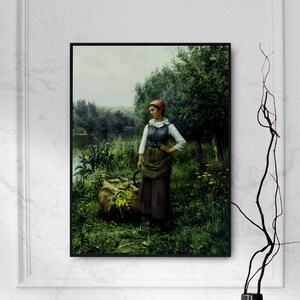 Daniel Ridgway Knight - Girl by a Stream - Art Print Painting Poster Gift Photo Vintage Wall Home Decor Anitque Beautiful Aesthetics