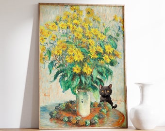 Claude Monet Sunflowers Cat Print | Monet Cat Art Poster | Black Cat Art | Funny Print | Floral Poster | Cat Art Print | Living Room Decor
