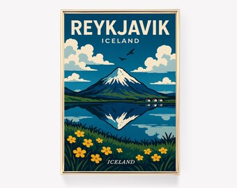 May include: A framed art print of Reykjavik, Iceland. The image shows a mountain reflected in a lake, with clouds, birds, and yellow flowers. The text "REYKJAVIK ICELAND" is at the top. The artwork is in a gold frame.