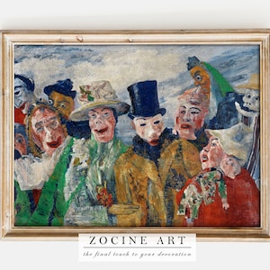 May include: A framed oil painting depicting a group of people wearing masks and costumes. The painting is set against a cloudy sky background. The people are arranged in a semi-circle, with their faces turned towards the viewer. The painting is done in a style that is reminiscent of Expressionism.