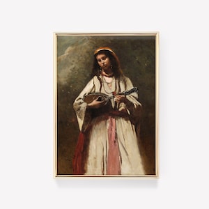 Jean-Baptiste-Camille Corot - Mujer gitana con mandolina (1870) / Póster vintage, pintura al óleo, arte mural musical, retrato de mujer Lienzo