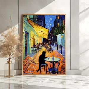 May include: A black cat sits at a table outside a cafe at night. The cafe is painted in a style reminiscent of Vincent van Gogh's 'Starry Night'. The scene is filled with vibrant colors and swirling brushstrokes.