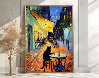 Cat Cafe Terrace at Night | Van Gogh Poster | Black Cat Poster | Van Gogh Painting | Van Gogh Cat Print | Exhibition Poster | Cat Art Print