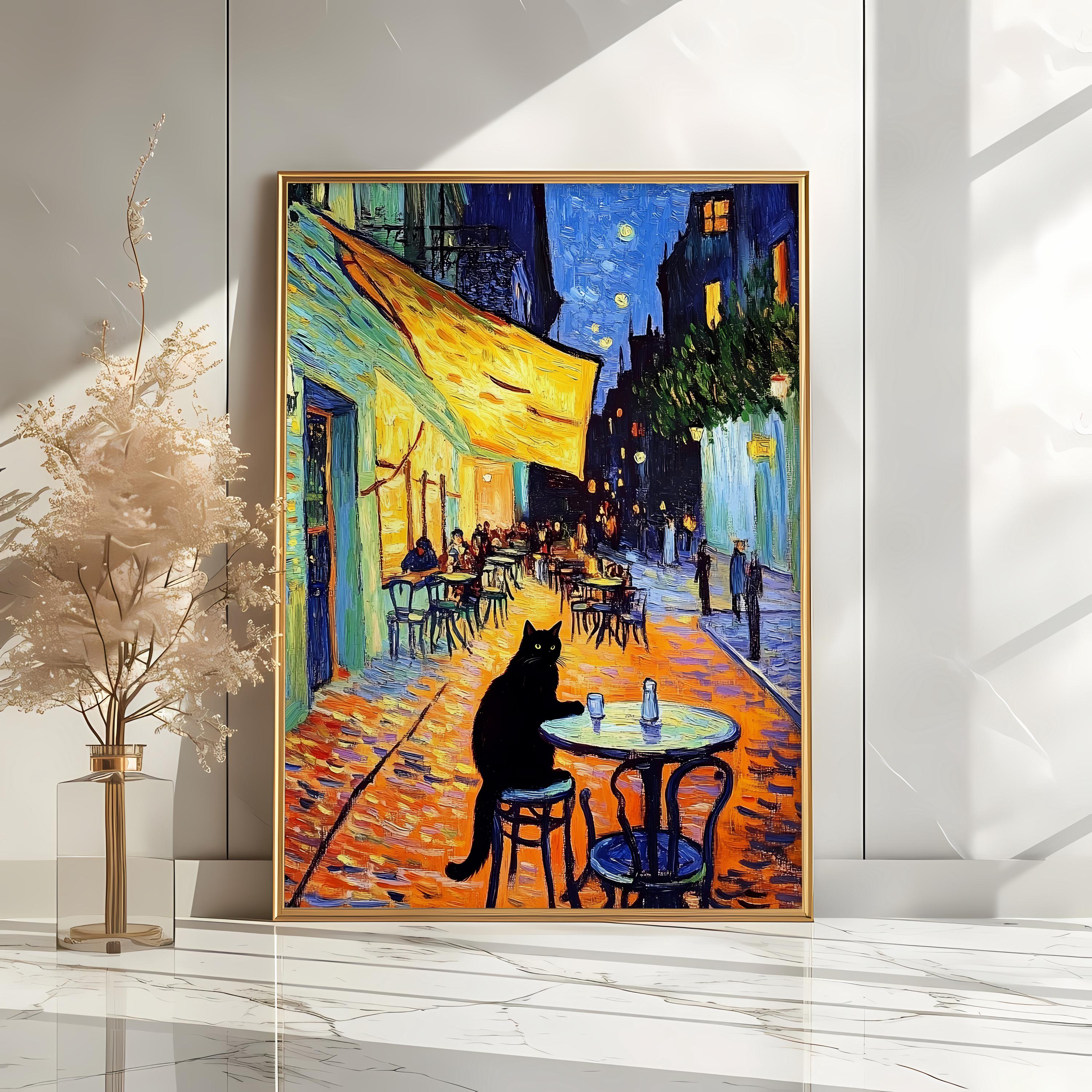 Cat Cafe Terrace at Night | Van Gogh Poster | Black Cat Poster | Van Gogh Painting | Van Gogh Cat Print | Exhibition Poster | Cat Art Print