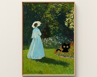 Claude Monet Cat Print | Funny Cat Print | Animal Wall Art | Black Cat Art | Floral Poster | Cat Art Print | Living Room Decor