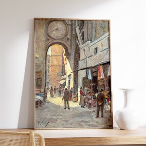 Antique Cityscape Oil Painting | European Art Poster | Naples Art | Old Town Wall Art | Vintage Architecture Painting | Italian City Print
