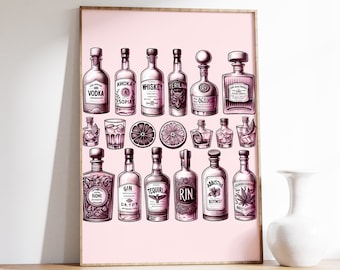 Pink Bar Cart Wall Art | Bar Cart Decor | Girly Pink Wall Art | Aesthetic Bar Cart Print | Large Wall Art | Vintage Art | Antique Print