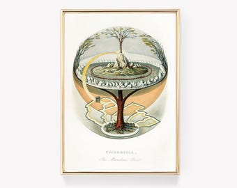 Yggdrasil / El Árbol Cotidiano / Arte de la mitología nórdica / Lámina de árbol vintage / Decoración de pared / Lámina de cielo azul