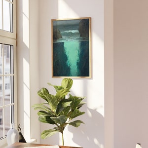 a painting hanging on a wall above a table