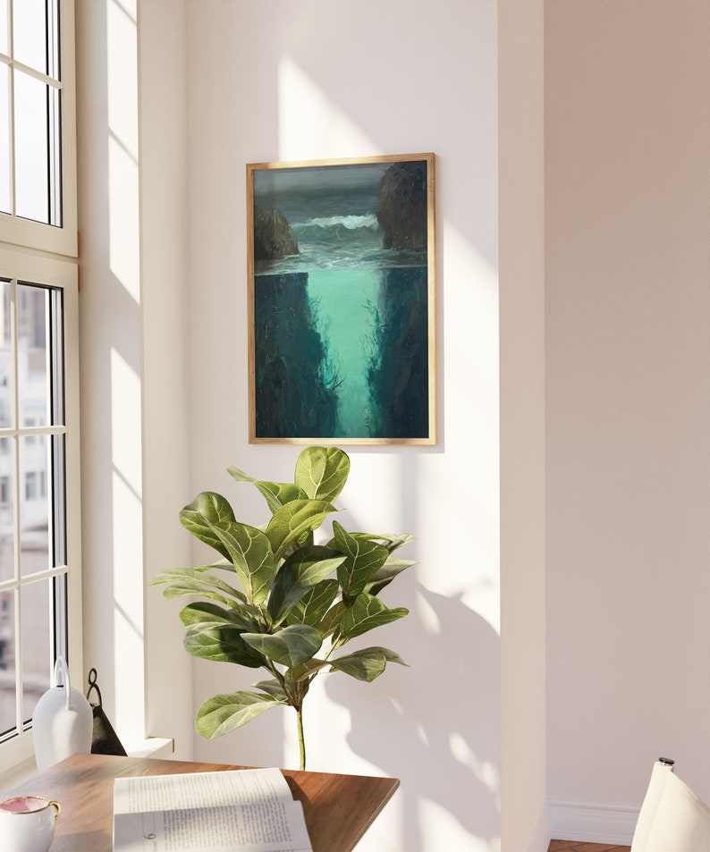 a painting hanging on a wall above a table
