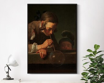 Jean Siméon Chardin - Soap Bubbles (1733) | Poster Boxed Canvas Antique Wall Art Vintage Portrait Print Decor Experiment Painting