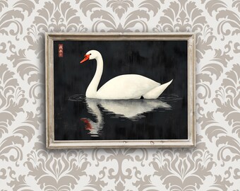 Pintura em aquarela de cisne japonês | Arte de parede neutra, arte de parede grande | Decoração Cottagecore | Impressão vintage de cisne