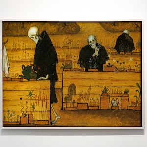 May include: A painting of three skeletons in black robes tending to a garden. The skeletons are in a row, with the one on the left holding a watering can. The garden is filled with flowers and plants, and the background is a yellow-brown color.