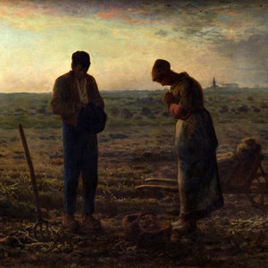 May include: A painting depicting two figures in a field, a man and a woman, both with their heads bowed in prayer. The sky is a muted orange and pink, and the field is brown and barren. The figures are silhouetted against the sky, and their faces are not visible.