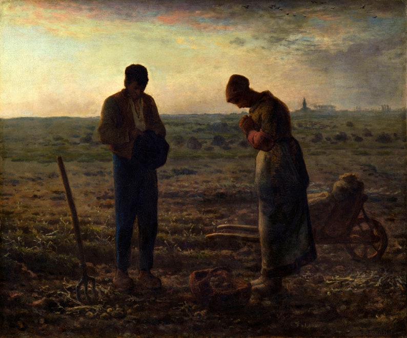 May include: A painting depicting two figures in a field, a man and a woman, both with their heads bowed in prayer. The sky is a muted orange and pink, and the field is brown and barren. The figures are silhouetted against the sky, and their faces are not visible.