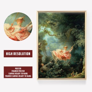 May include: A painting depicting a woman on a swing in a verdant garden. The woman is wearing a pink dress and a white hat. The painting is set against a blue sky with white clouds. The painting is framed in gold.