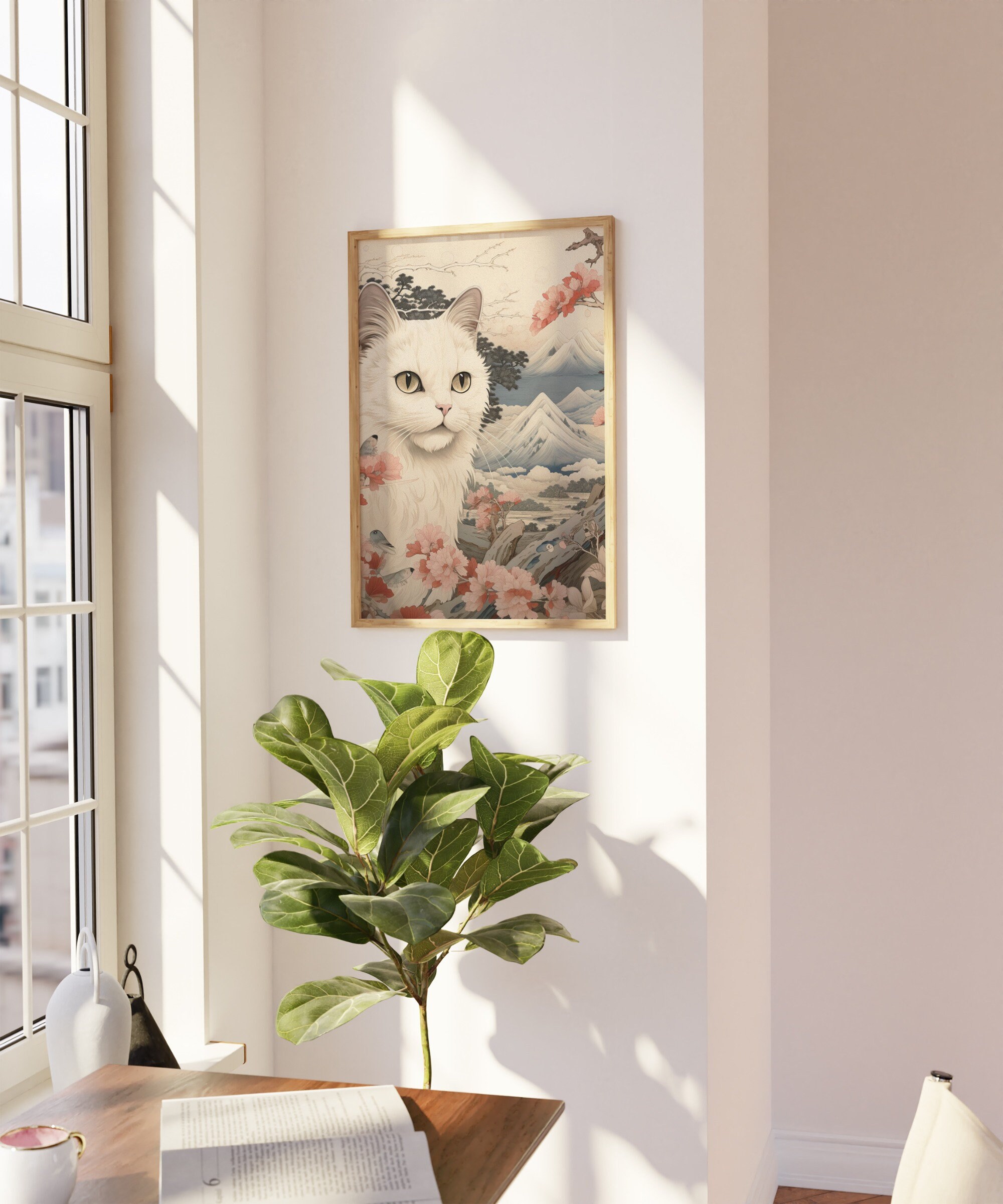 Japanese White Cat Poster | Animal Poster | White Cat Art Print ...