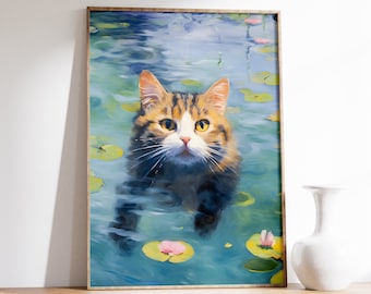 Cat Art Print | Monet Waterlily Cat Print | Funny Print | Claude Monet Cat Poster | Black Cat Art | Floral Poster | Cat Wall Art