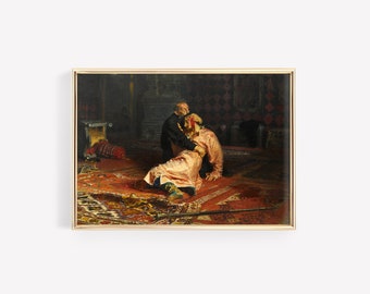 May include: A painting depicting a scene of two men in a room with a patterned rug. One man is kneeling and holding the other man, who is lying on the floor. The man kneeling is wearing a dark robe, and the man lying on the floor is wearing a light robe. The painting is set in a room with a patterned rug and a chest in the background.