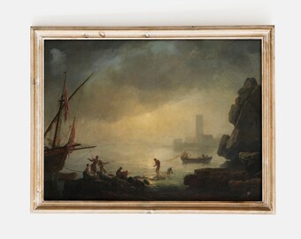 Night Ocean Painting | Joseph Vernet | Harbor Scene | Moonlight Ocean Painting, Sea Painting, Nautical Antique Poster, Sea Scenery Print
