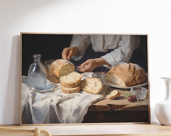 May include: A painting of a still life featuring a loaf of bread being sliced on a wooden table with a white tablecloth. There are several jars and a glass bottle on the table, along with a plate of sliced bread.