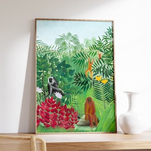 Henri Rousseau Poster | Tropischer Wald mit Affen (1910) | Henri Rousseau Druck | Blumen Poster | Kunstdruck | Botanisches Dekor