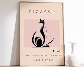 May include: A black and white poster with a pink background featuring a stylized black cat. The poster has the text "PICASSO" at the top and "DESSIN AU TRAIT ANIMALIER MODERNE MUSÉE D'ORSAY" at the bottom. The artist's signature "Picasso" is in the bottom right corner.