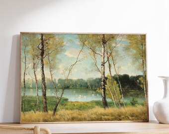 Vintage Summer Lake Painting | Antique Oil Painting | Muted Landscape Print | Lake Scenery Poster | Lake Landscape Painting | Canvas
