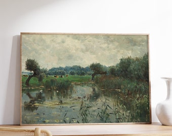 Farmhouse Wall Art | River Landscape | Riverscape Painting | Countryside Painting | Antique Print | Vintage Poster | Cottage Decor