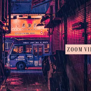 May include: A blue public light bus with the text "PUBLIC LIGHT BUS 16 SEATS" on the side, parked in a narrow alleyway with red brick walls and a neon sign that reads "水煮魚道 RESTAURANT 佐秋吳松街119-121號". The alleyway is wet from rain.