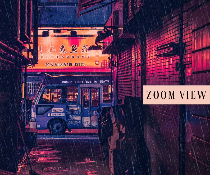 May include: A blue public light bus with the text "PUBLIC LIGHT BUS 16 SEATS" on the side, parked in a narrow alleyway with red brick walls and a neon sign that reads "水煮魚道 RESTAURANT 佐秋吳松街119-121號". The alleyway is wet from rain.