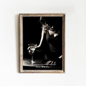 Woman Drinking Whiskey Print | Modern Wall Art | Bar Cart Art | Feminist Black and White Wall Art | Vintage Print | Photography Prints