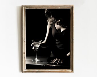 Frau trinkt Whisky Poster | Moderne Wandkunst | Barwagen Kunst | Feministische Schwarz-Weiß-Wandkunst | Vintage Druck | Fotografie Drucke