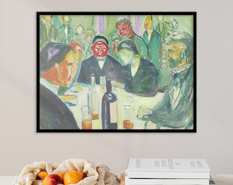 May include: A painting of a group of people sitting around a table, with a red-faced man in the center. The painting is done in a style that is reminiscent of Expressionism, with bold colors and brushstrokes. The painting is set in a restaurant or cafe, and the people are enjoying a meal and drinks.