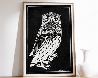 Owls Print | Two Owls by Julie de Graag | Black and White Print | Ink Drawn Wild Owl Graphic Art Print | Animal Wall Art | Wildlife Print