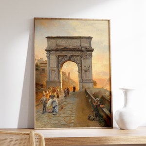 May include: A painting of an archway in Rome, Italy. The archway is made of stone and has a Roman inscription above it. There are people walking through the archway and on the street below. The painting is done in a realistic style and has a warm, inviting color palette.