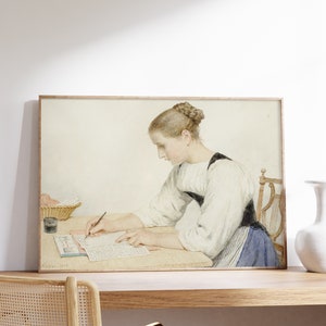 Pintura de retrato de mulher antiga | Escrevendo carta impressa | Arte de retrato feminino vintage | Retrato de mulher antiga | temperamental pôster | Arte em casa