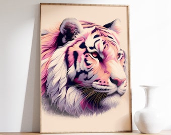 Tiger Print | Pink And Orange Wall Art | Preppy Dorm Decor | Apartment Decor | Maximalist Decor | Tiger Wall Art | Vintage Art | Gift Idea