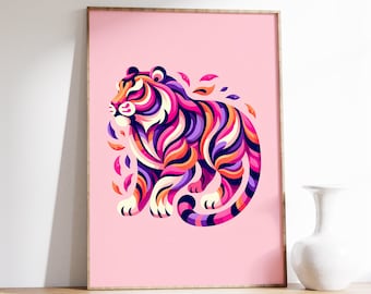 Pink Tiger Print | Tiger Wall Art | Preppy Dorm Decor | Apartment Decor | Maximalist Wall Art | Tiger Poster | Vintage Art | Gift Idea